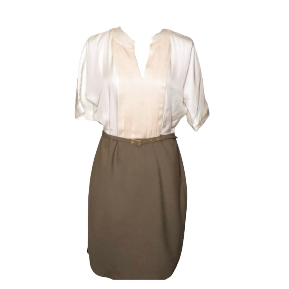 NWT ANN TAYLOR CREAM, PEACH & BROWN VNECK CAREER DRESS SIZE 6P